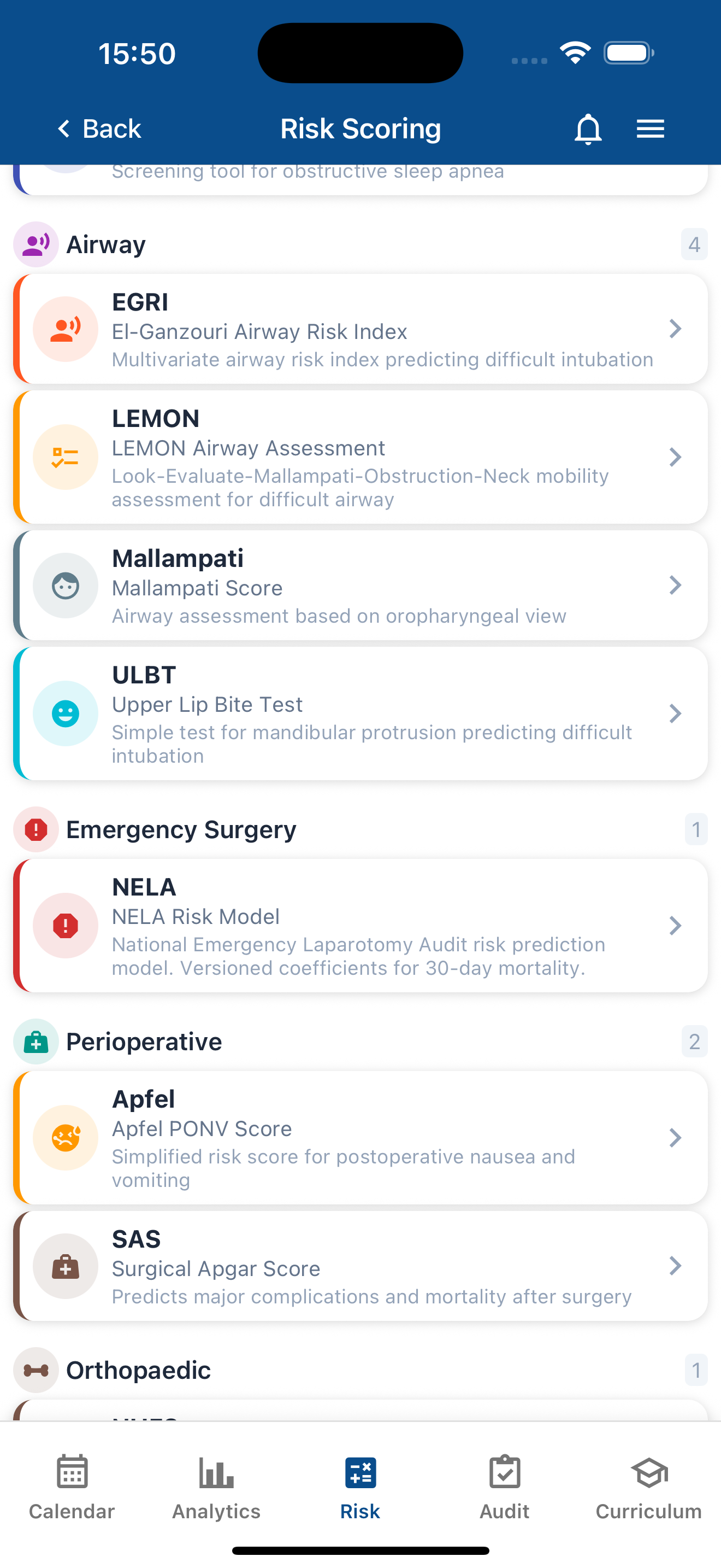 Orthopaedic and respiratory risk categories